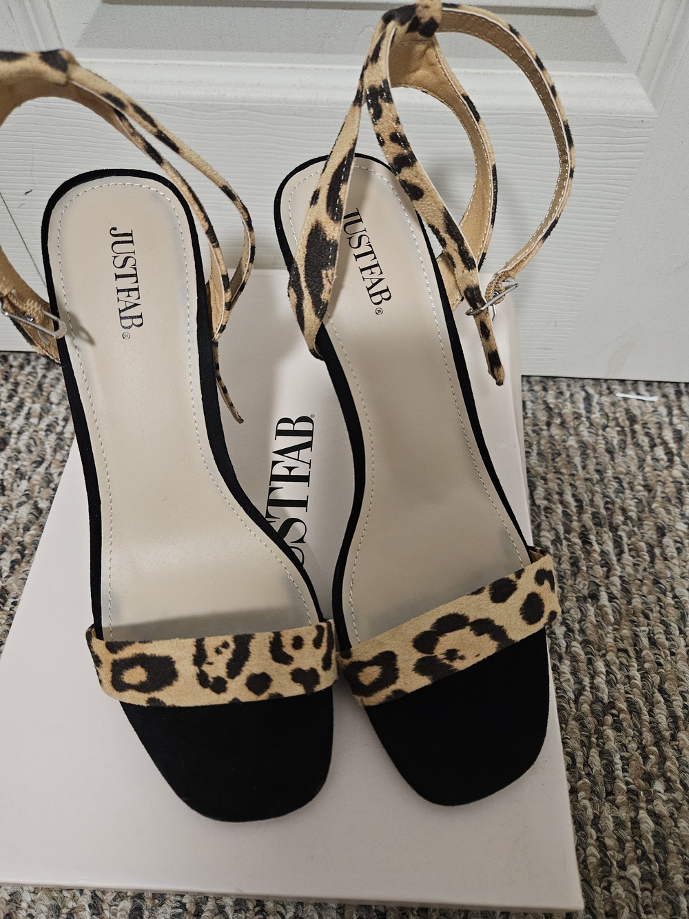 JustFab Black & Leopard-Print Ankle-Strap Heels